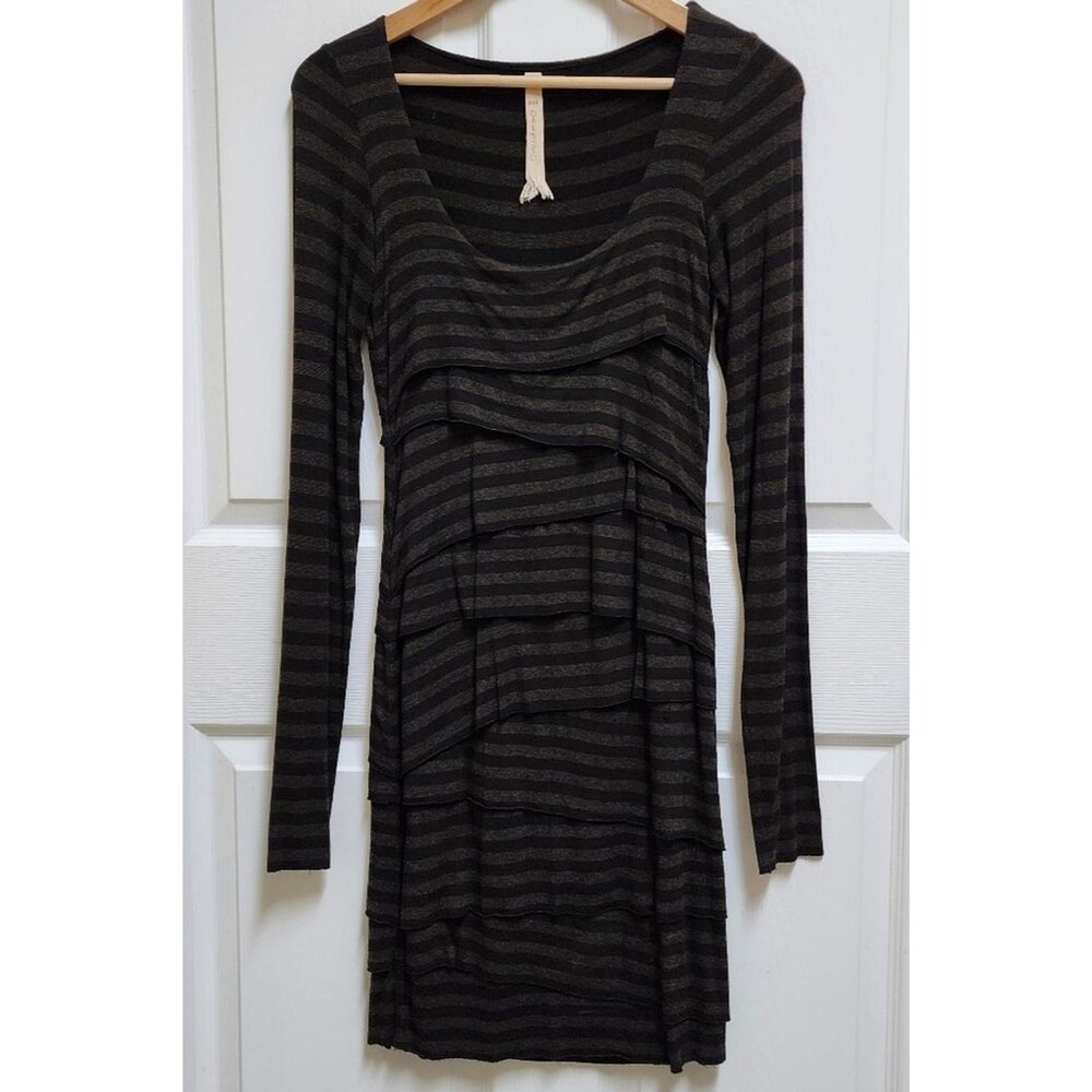 B44 Black Brown Striped Scoop Long Slv Bandage Dress M Stretch Goth Y2K Grunge
